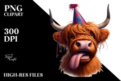 Playful Highland Cow with Party Hat PNG Product Image 2