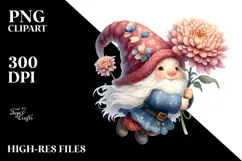 Floating Gnome with Chrysanthemum, Whimsical PNG Product Image 2