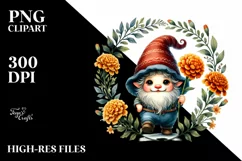 Watercolor Baby Gnome with Marigold Floral Frame PNG Product Image 2