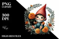 Watercolor Baby Gnome with Marigold Floral Frame PNG Product Image 2