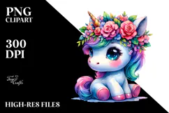 Cute Unicorn with Floral Wreath, PNG Product Image 2