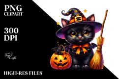 Vibrant Halloween Black Cat Broom | Clipart Product Image 2