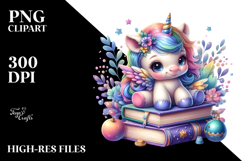 Baby Unicorn with Stack of Books, Watercolor PNG Product Image 2