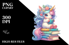 Baby Unicorn with Stack of Books, Watercolor PNG Product Image 2