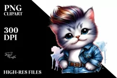 Posing Cat in Jeans, Vibrant Watercolor PNG Product Image 1