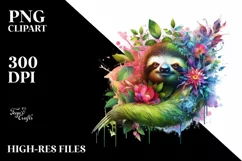 Abstract Vibrant Plant Leaves and 3D Flowers Sloth Frame PNG Product Image 3