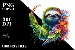 Abstract Vibrant Plant Leaves and 3D Flowers Sloth Frame PNG Product Image 1