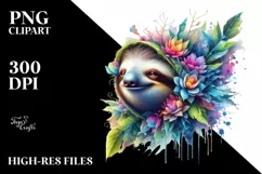 Abstract Vibrant Plant Leaves and 3D Flowers Sloth Frame PNG Product Image 3