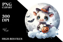 Washed Watercolor Cow on Halloween Moon PNG Product Image 2