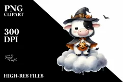 Washed Watercolor Cow on Halloween Moon PNG Product Image 1