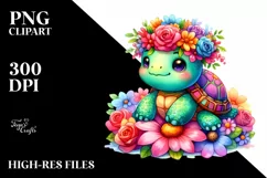 Colorful Flower Crown Turtle PNG Product Image 3