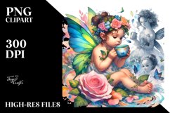 Baby Fairy Sipping Tea, Watercolor PNG Product Image 3