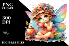 Baby Fairy Sipping Tea, Watercolor PNG Product Image 2
