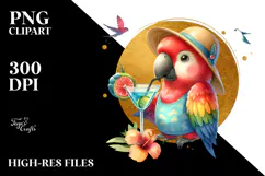 Cute Parrot in Beachwear Drinking a Cocktail, PNG Product Image 2