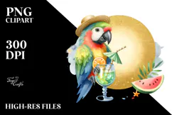 Cute Parrot in Beachwear Drinking a Cocktail, PNG Product Image 2