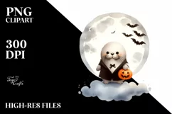 Simple Cute Baby Walrus on Halloween Cloud PNG Product Image 3