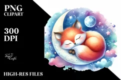 Colorful Baby Fox Sleeping on the Moon | Clipart Product Image 1