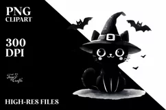 Funny Halloween Black Cat Watercolor PNG Product Image 1