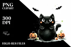 Funny Halloween Black Cat Watercolor PNG Product Image 3