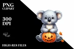 Cute Baby Koala Holding Halloween Pumpkin PNG Product Image 1