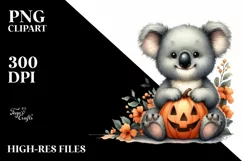 Cute Baby Koala Holding Halloween Pumpkin PNG Product Image 3