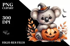 Cute Baby Koala Holding Halloween Pumpkin PNG Product Image 1