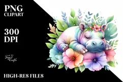 Colorful Baby Hippo Sleeping | Watercolor Flower Sticker Product Image 1