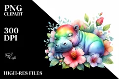 Colorful Baby Hippo Sleeping | Watercolor Flower Sticker Product Image 3