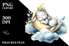 Whimsical Baby Rabbit Sleeping on Moon PNG Product Image 2