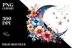 Vibrant Moon with Stars and Flowers PNG Product Image 2