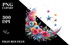 Vibrant Moon with Stars and Flowers PNG Product Image 2