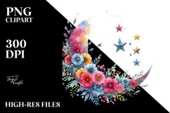 Vibrant Moon with Stars and Flowers PNG Product Image 2