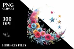 Vibrant Moon with Stars and Flowers PNG Product Image 1