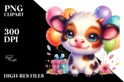 Cute Baby Cow Cub with Party Balloons | Sublimation Clipart Product Image 1