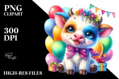 Colorful Smiling Baby Cow Cub with Party Balloons | Product Image 1