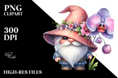 Cute Gnome with Orchid, PNG Product Image 2