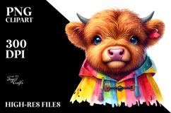 Vibrant Baby Highland Cow in Raincoat | Sublimation Clipart Product Image 3