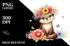 Cartoon Otter with Flower Crown, Colorful Watercolor PNG Product Image 1