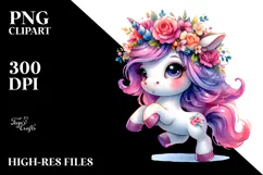 Cute Unicorn with Floral Wreath PNG Product Image 2