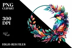 Abstract Vibrant Plant Leaves and 3D Flowers Bird Frame PNG Product Image 1