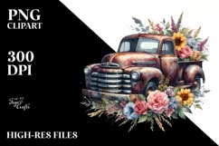 Vintage Rusty Pickup Truck with Flowers | Clipart Product Image 1