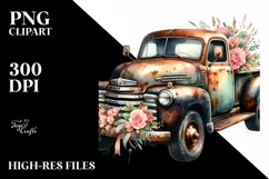 Vintage Rusty Pickup Truck with Flowers | Clipart Product Image 3