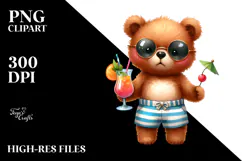 Cute Baby Bear Dressed for Beach with Cocktails | Clipart Product Image 2