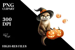 Halloween Otter on Half Moon, Watercolor PNG Product Image 2