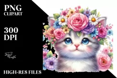 Cartoon Kitten with Flower Crown, Colorful Watercolor PNG Product Image 1