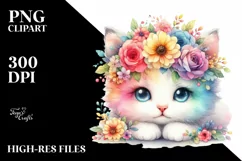 Cartoon Kitten with Flower Crown, Colorful Watercolor PNG Product Image 1