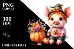 Cute Halloween Pig, Watercolor Clipart Product Image 1