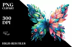 Abstract Vibrant Plant Leaves and 3D Flowers Butterfly PNG Product Image 1