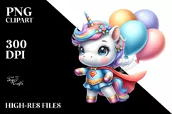 Cute Unicorn Hero with Balloons | Clipart Product Image 1