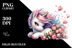 Baby Unicorn Tumbling with Spring Petals | Clipart Product Image 3
